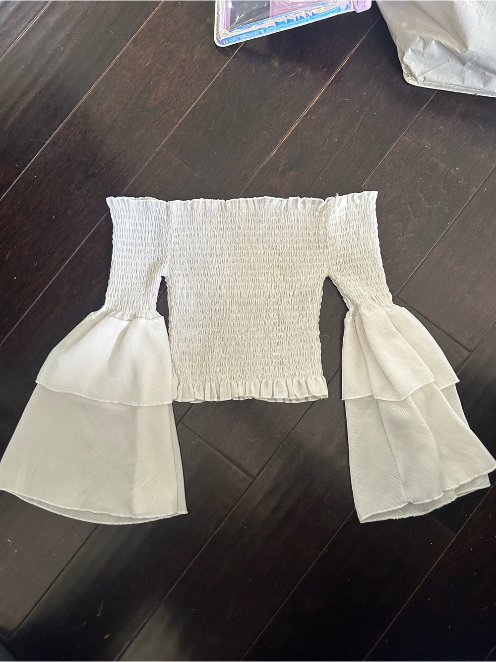 Steph Audino boutique XS White Off-Shoulder Smocked Crop Top Tiered Bell Sleeves - Picture 3 of 4